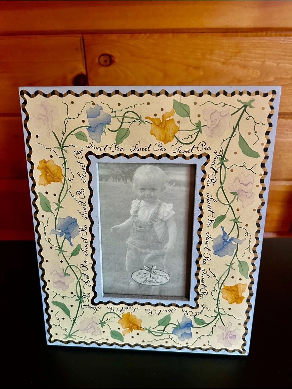 Hand-Painted Wood Sweet Pea  Picture Frame - Cream with Blue & Yellow Accents